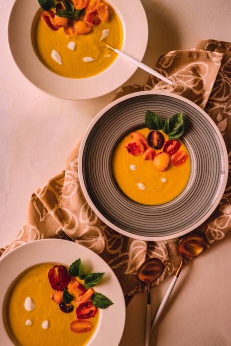 Five Minute Yellow Tomato and Peach Gazpacho- Summer Cooking