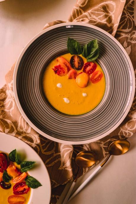 Five Minute Yellow Tomato and Peach Gazpacho- Summer Cooking
