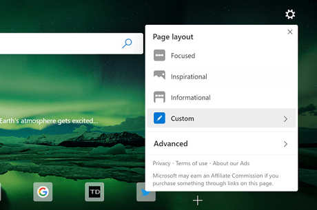 Microsoft Edge Canary gets ‘Custom Theme’ option in New Tab Page Setting page layout menu in microsoft edge