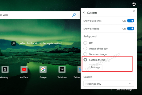 Microsoft Edge Canary gets ‘Custom Theme’ option in New Tab Page Setting custom theme option in new tab page menu of edge browser