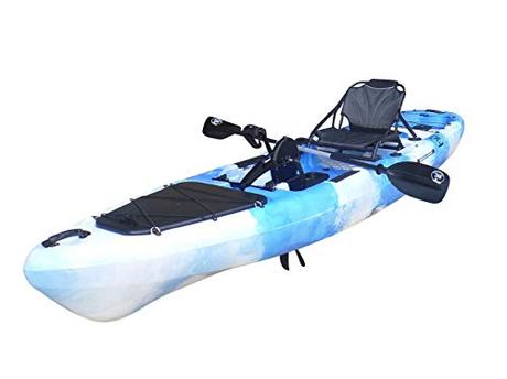 BKC PK13 Angler 13' Solo Sit-On-Top Fishing Kayak, w/Instant Reverse Pedal Drive, Rudder System, Paddle, and Upright Aluminum Frame Backrest Support Seat