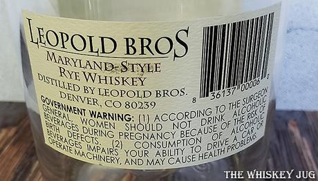 Leopold Bros Maryland Style Rye Whiskey Back Label
