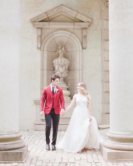 red white wedding colors bride groom tuxedo attire