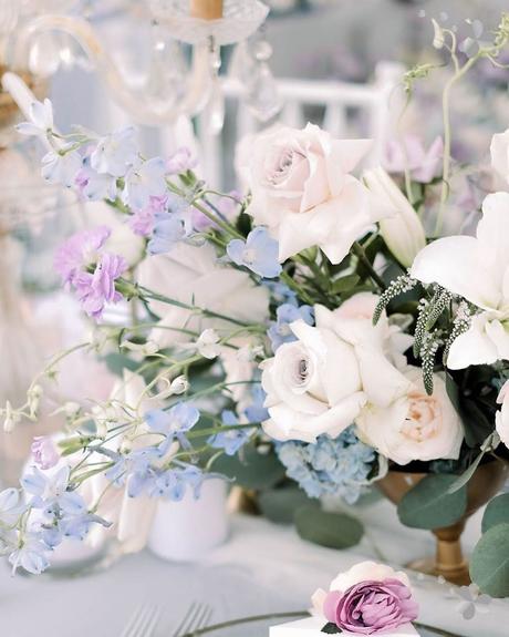 winter wedding colors dusty blue white lilac flowers