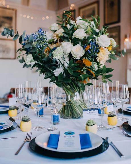 spring wedding colors blue yellow table decor