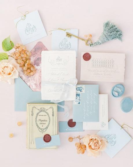 spring wedding colors invitations powder blue peach invitations