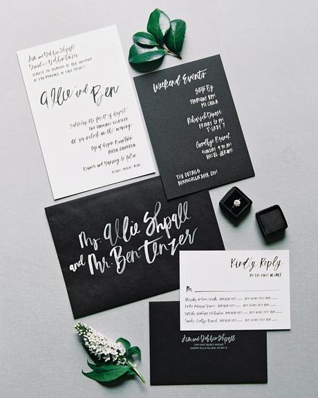 black white wedding colors invitations stationary