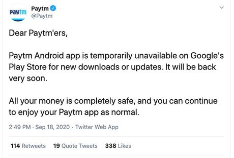Paytm app booted from Google Play Store, but will be back ‘very soon’