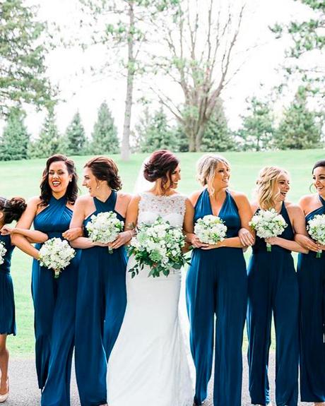 blue and white wedding colors bridesmaids attire dress