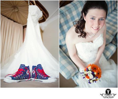 A wedding Bride with blue rainbow converse boots in York
