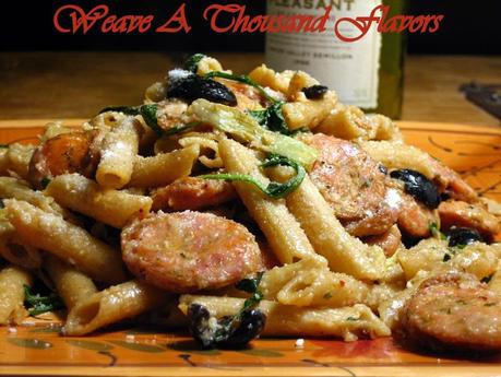 Whole Wheat Penne Pasta tossed with Chicken Sausage, Artichokes & Arugula 