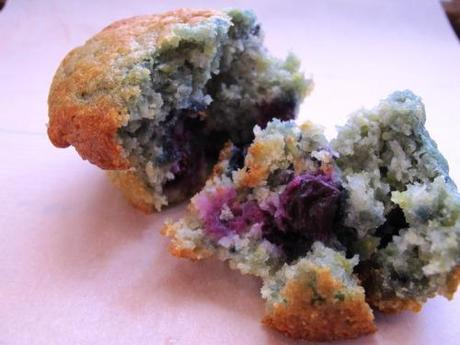 Blueberry lemon cornmeal muffins rippled open