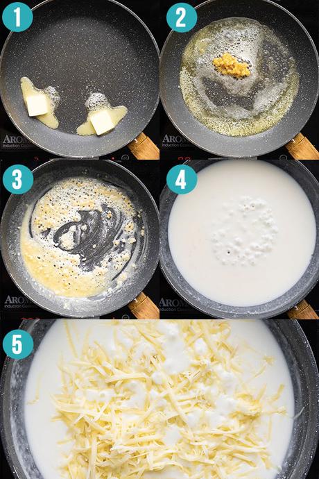 collage image showing the steps required to make cheese sauce