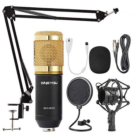 ZINGYOU Condenser Microphone Bundle, BM-800 Mic Kit with Adjustable Mic Suspension Scissor Arm, Metal Shock Mount and Double-Layer Pop Filter for Studio Recording & Broadcasting (Gold)