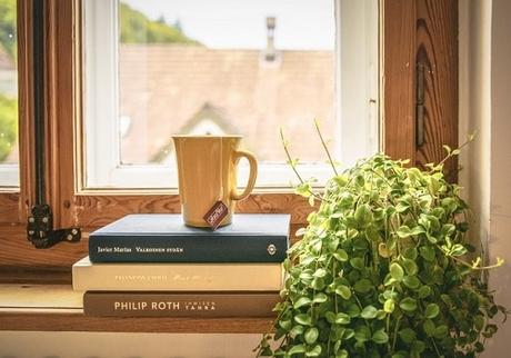 3 books, a cup of tea, and a plant by the window.