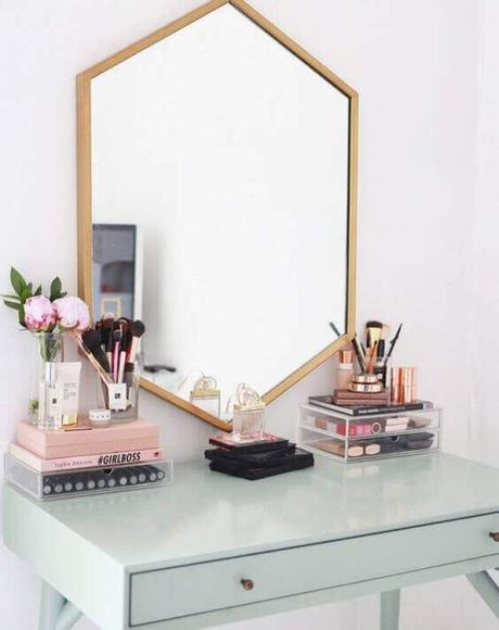 Makeup Room Ideas Hexagonal Vanity Mirror with Wooden Accent - Harptimes.com