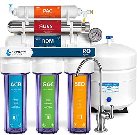 Express Water Ultraviolet Reverse Osmosis Water Filtration System – 6 Stage RO UV Water Sterilizer with Faucet and Tank – UV Under Sink Water Filter – 100 GPD with Clear Housing (ROUV10DCG)