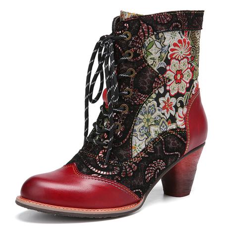 SOCOFY Retro Embroidery Leather Splicing Boots