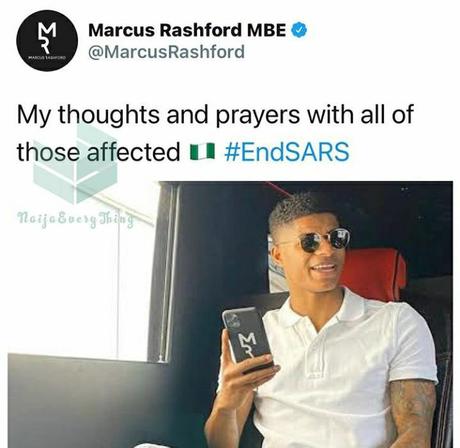 #EndSARS: Man Utd Player Marcus Rashford Adds His Voice To Protest Against SARS