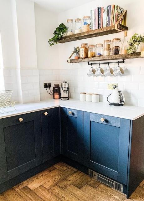 blue and white kitchen cabinets