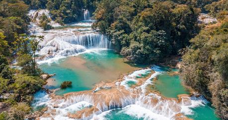 is it safe to travel to Mexico? - Aerial view of the majestic turquoise waterfalls at Agua Azul in Chiapas, Mexico, Central America