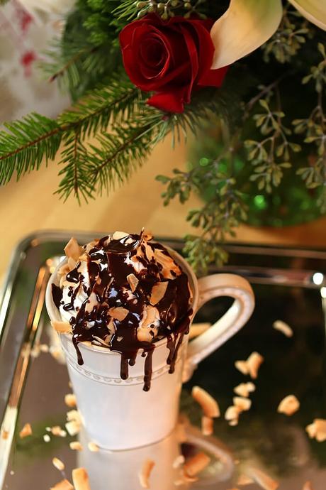 Hot Chocolate with Rum, Toasted Coconut and Chocolate Drizzle