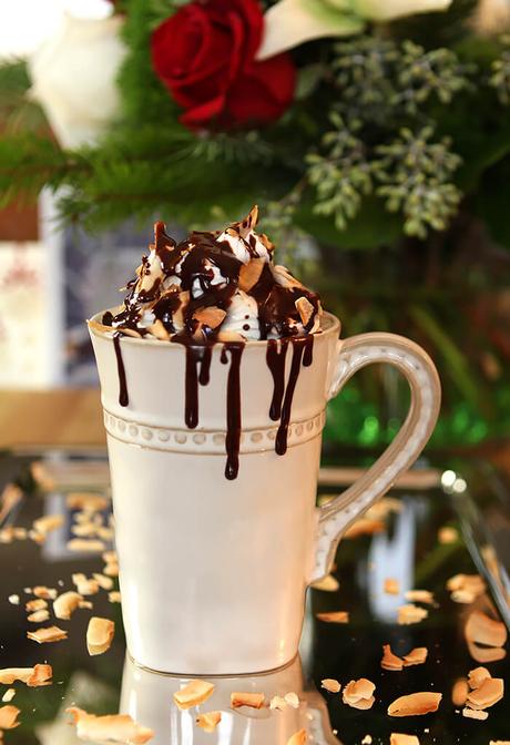 Hot Chocolate with Rum, Toasted Coconut and Chocolate Drizzle