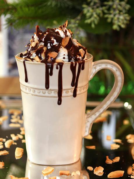 Hot Chocolate with Rum, Toasted Coconut and Chocolate Drizzle