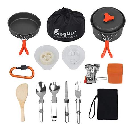 Bisgear 16 Pcs Camping Cookware Stove Carabiner Folding Spork Set Outdoor Camping Hiking Backpacking Non-Stick Cooking Picnic Knife Spoon