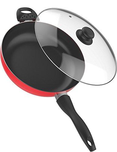 Vremi 12 Inch Nonstick Saute Pan Covered with Tempered Glass Lid - Big 5 Quart Capacity for Stir Fry Frying or as Saucepan - Non Stick Saute and Frying Pan - Deep Large and Ovenproof - Red