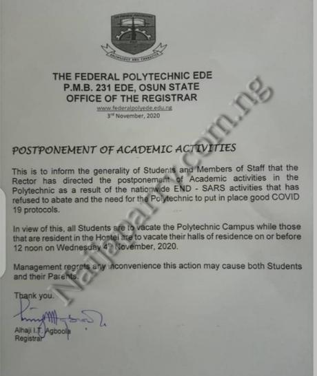 Again! Federal Polytechnic, Ede Has Suspended Academic Activities