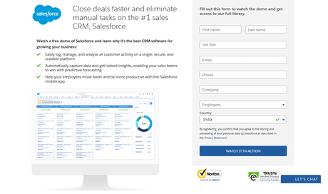 Salesforce CRM homepage with web copy and form