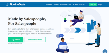 PipelineDeals homepage with users animations