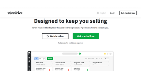 Pipedrive Homepage with Get started web copy