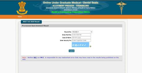 NEET 2020 Round One Counselling Result Declared @mcc.nic.in