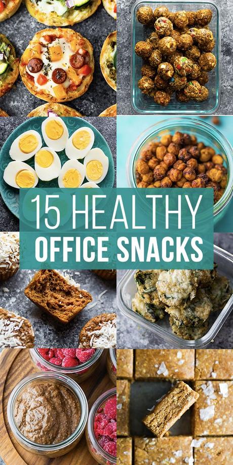 collage image that says 15 healthy office snacks