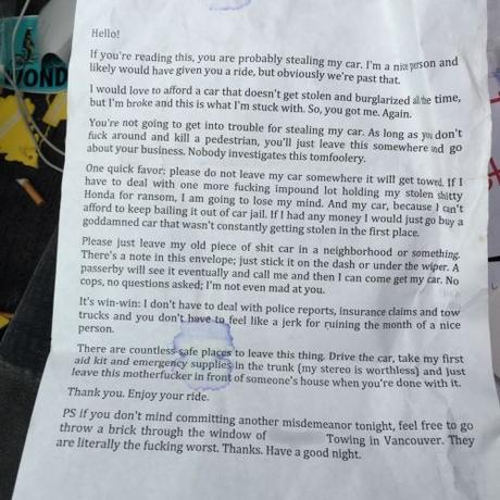 Man leaves very nice note in car to prevent burglary, and it works