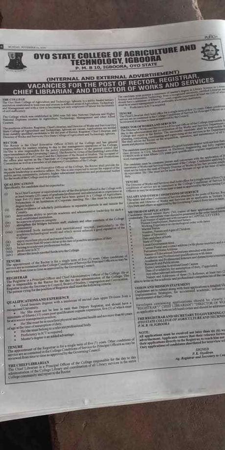 OYSCATECH Is Recruiting For 4 Principal Positions (See How To Apply)