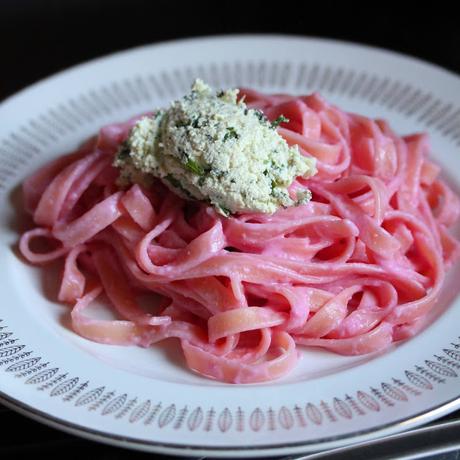 vegan Beet Fettuccine with Basil Tofu Ricotta from Chloe Flavor