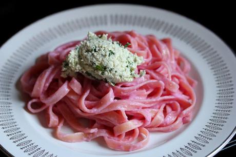 vegan Beet Fettuccine with Basil Tofu Ricotta from Chloe Flavor