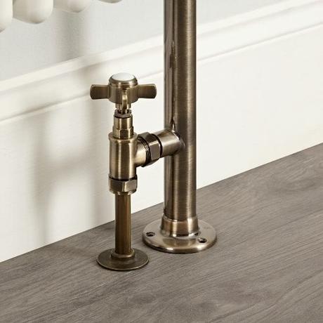 close up of milano brushed bronze valves on a towel rail