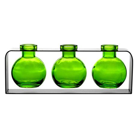 Trivo Three Recycled Glass Vases and Metal Stand, Lime Green