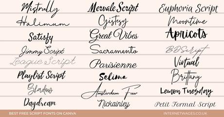 Graphic featuring 24 free script fonts on Canva.