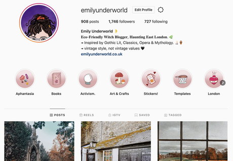 @emilyunderworld Instagram Profile, showing Story Highlight icons.
