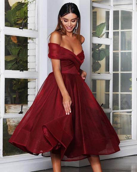 wedding guest outfit knee length off the shoulder simple burgundy whiterunway