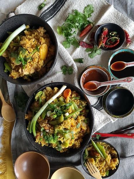 asian curried fried rice & chicken