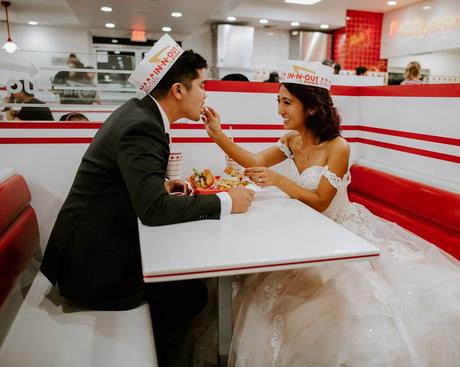 Bride and groom at a fastfood restaurant