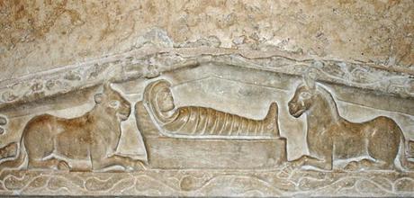 The Nativity, Sarcophagus lid, c. 408 CE, Basilica of St. Ambrose, Milan, Public Domain via Wikimedia Commons.