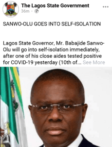 COVID-19: Lagos Gov, Sanwo-Olu, Others Go Into Self-Isolation