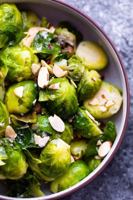 overhead close up view of instant pot brussels sprouts in bowl